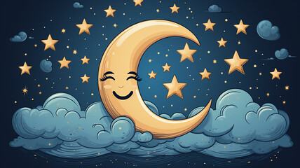 Wall Mural - cartoon crescent moon on a blue sky background, art character, good night children