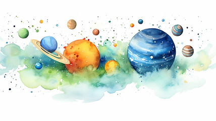 Wall Mural - planets in space on a white background, watercolor drawing for children primitive minimalistic poste