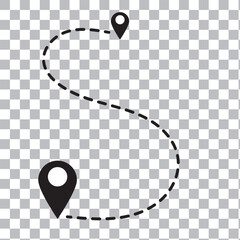 Poster - route location icon, three map pin sign and road or path, start and end journey symbol, black color 