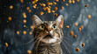 Cat food floating in the air, as a cat eagerly jumps up, trying to catch them with a surprised and playful expression.
