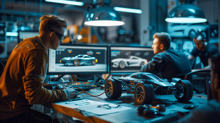 Engineers designing models of futuristic car in the office room