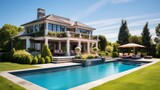 Fototapeta Miasto - Mediterranean inspired villa with a sprawling garden and a private beach access in the exclusive Hamptons, New York