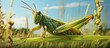A green grasshopper perched atop a single blade of grass in a vast field under the clear blue sky