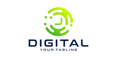 Letter J Circle Technology Logo Design Template digital circle, technology, data, connection, network
