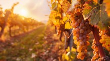 Vineyard In The Golden Light Of Sunset, The Vibrant Colors Of Autumn And The Bounty Of Ripe Grapes Ready To Be Picked