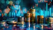© Eireen - Stack of coins and a graph chart illustrating upward growth. Background with dynamic visual representation of financial and market success, investment, money profit concept and trading