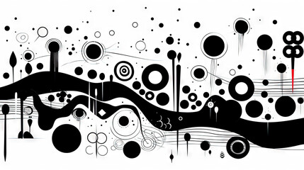 Poster - Geometric abstract background with black dots, circles and lines.