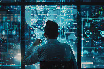 Poster - A man is looking at a computer screen with a map of the world on it