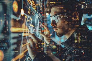 Poster - A man is looking at a computer screen with a lot of numbers and symbols