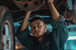 A man repairing the underside of a car
