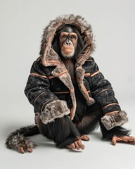 Wall Mural - Chimpanzee Animal sitting on the floor, wearing a furry suit on white background fashion studio photography