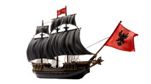 A Menacing Black Pirate Ship Sails With A Vibrant Red Flag Waving In The Wind