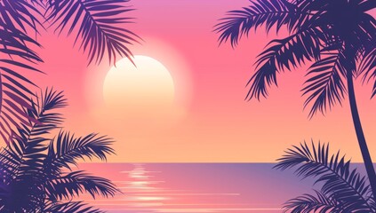Sticker - abstract summer background with palm trees, sunset and beach Generative AI