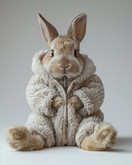 Wall Mural - Rabbit bunny Animal sitting on the floor, wearing a furry suit on white background fashion studio photography