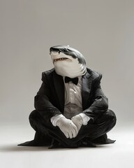 Wall Mural - Shark Animal sitting on the floor, wearing a Tuxedo suit on white background fashion studio photography