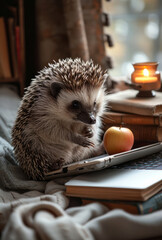 Wall Mural - Hedgehog is sitting on laptop and eating apple.