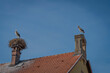 Duttlenheim, France - 06 27 2023: View of storks perched on a nest and a chimney on the roof city hall.