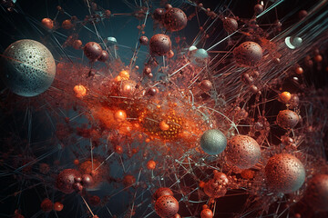 Poster - Abstract scientific concept with connected cells and particles. Science microscopic background.