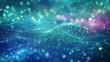 A cosmic field of iridescent dots, shimmering in hues of teal and violet, connected by lines that weave in and out like the fabric of the universe. The background fades from a deep space blue t