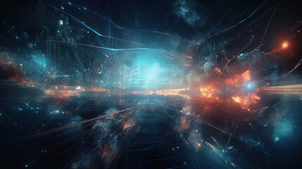 Poster - Abstract technology burst with glowing wires and particles in motion. Technology and science dynamic background.