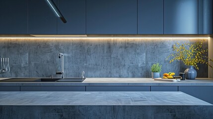 During the night, modern kitchen with a minimalist design and high-end materials like concrete and glass is lit by LED strips. Basic kitchen utensils made of premium materials complement the kitchen.