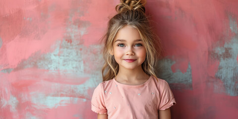 Wall Mural - studio photo of a small smiling stylish girl in a fluffy skirt and T-shirt on a color background, child, children, toddler, baby, kid, clothing, emotional face, expression, joy, smile, fun, pink