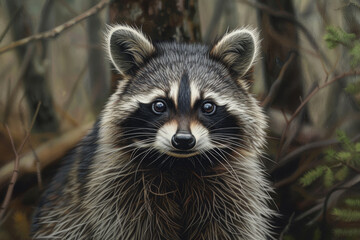 Wall Mural - A raccoon is standing in the woods with its eyes open and looking at the camera