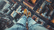 Seen from a first-person perspective, a daring urban explorer's feet dangle over the edge of a skyscraper, showcasing the city's vertiginous depths.
