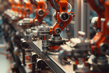 Poster - A line of robots are being assembled in a factory