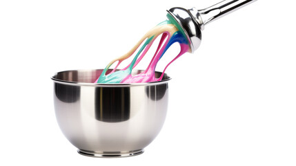 A metal bowl holds a spoon dipped in a colorful liquid, creating a vibrant and harmonious blend of hues