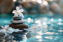 A White Flower Is On Top Of A Stack Of Rocks In A Body Of Water