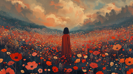 Wall Mural - abstract background of a woman in a field of flowers