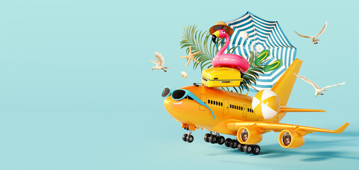 Cute orange airplane with luggage and beach accessories on blue background with copy space. Summer travel concept. 3D Rendering, 3D Illustration