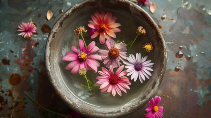 Wall Mural - pink flowers in a vintage ceramic bowl on a dark background.