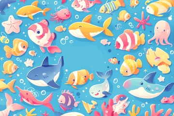 Wall Mural - A blue background with a variety of fish and sea creatures