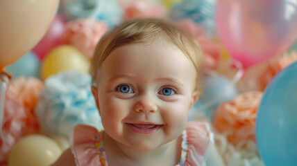 Sticker - Close-up of a smiling baby among balloons.