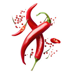 Wall Mural - Two chili peppers and peppercorns on Transparent Background