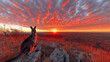 Kangaroo stands silhouetted against a fiery outback sunset, with the dramatic red sky reflecting the wild and untamed beauty of the Australian landscape.