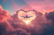 Panorama view of commercial airplane flying above dramatic clouds during sunse. A passenger plane is flying in heart-shaped clouds