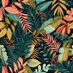  Dark and mysterious, this seamless pattern captures the essence of Latin nights with a mosaic of tropical leaves in moody hues.