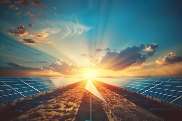 Wall Mural - A large solar farm in a desert landscape. Rows of solar panels stretch out towards the horizon