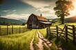 Farm background with barn and wooden fence. Rural landscape farmyard illustration. Summer outdoor backdrop.