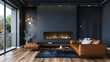 Elegant Dark Blue Living Room: A Modern Sanctuary of Comfort and Style, Exquisitely Designed in 3D