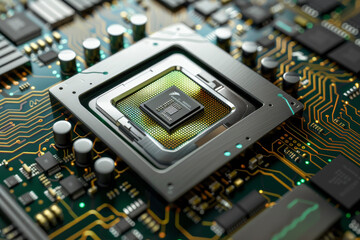 Poster - A processor with a green and silver design and a bio system on it