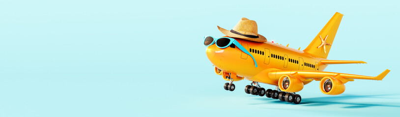 Poster - Cute orange airplane wearing hat and sunglasses ready for summer vacation. Summer travel concept background. 3D Rendering, 3D Illustration