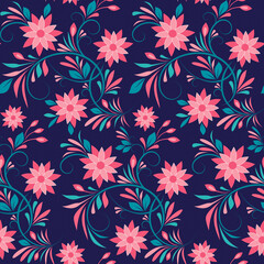 Wall Mural - Seamless pattern with flowers, leaves, curls, pink and turquoise color on a dark blue background, Decorative floral ornament