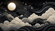 Ecliptic cloudscape with gold accents 2D cartoon illustration. Dark, fluid waves of clouds flat image colorful scene horizontal. Luminous full moon in sky wallpaper background art