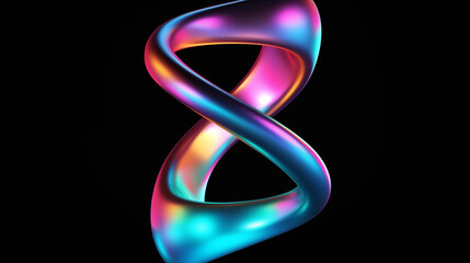 Poster - Infinity symbol with glowing neon finish 3d rendering image. Vibrant eternal loop on stark black background wallpaper colorful realistic. Holographic y2k concept idea, backdrop horizontal