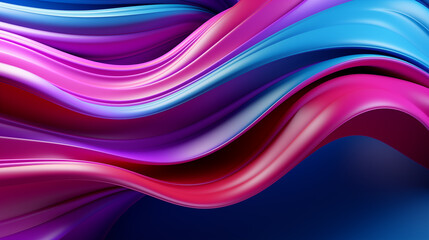 Poster - Vibrant, flowing ribbons of pink blue hues 3d rendering image. Dynamic fluid abstract background wallpaper colorful realistic. Contemporary creativity concept idea, backdrop horizontal
