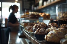 Closeup Assortment Of Muffins And Loaves On Display In Front, With The Silhouette Or Blurred Figure Behind Working At A Counter Or Bar Area. Menu Items, Adding To The Rustic Coffee Shop Ambiance